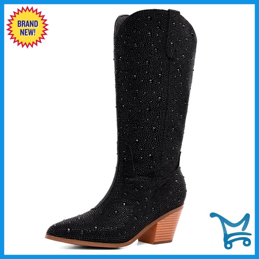 Women's Rhinestone Western Boots Chunky Heel Mid-Calf Side Zipper